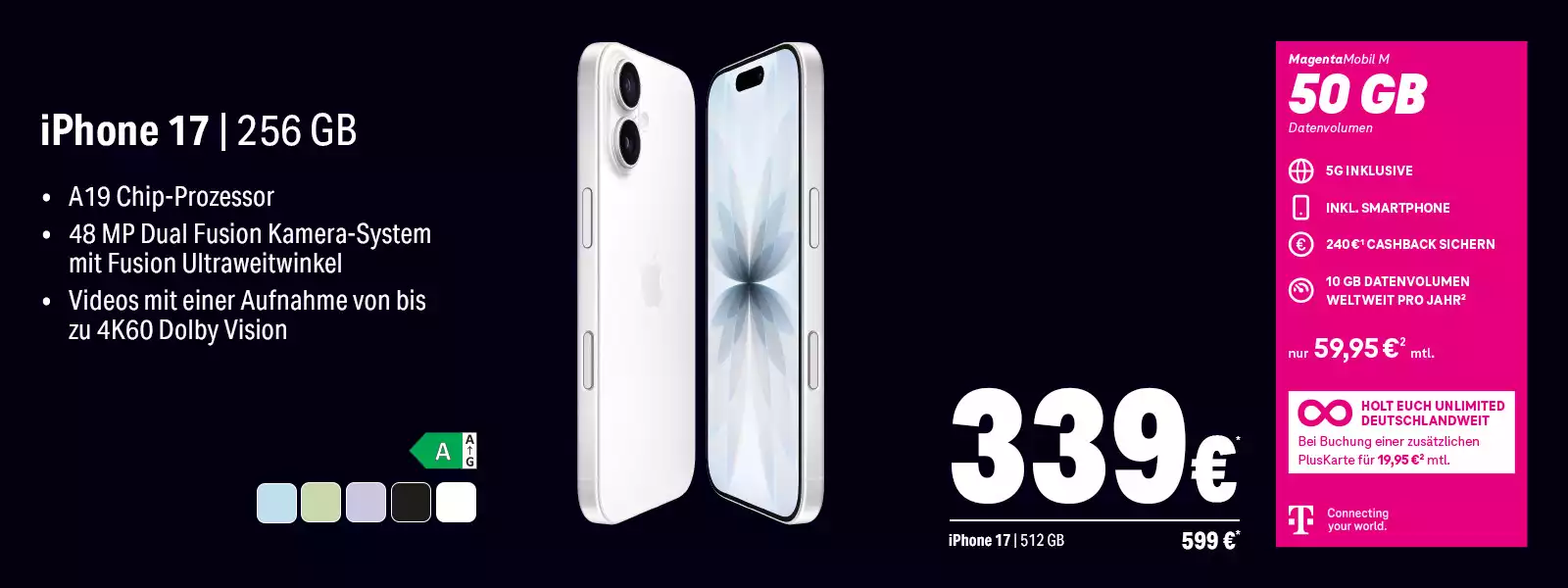 Werbeanzeige iPhone 17 mit 256 GB, A19 Chip und 48 MP Dual-Kamera, 5G Tarif